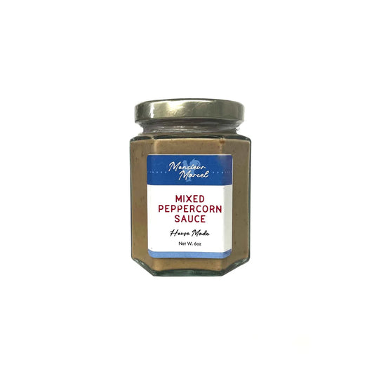 Monsieur Marcel house-made mixed peppercorn sauce in a 6oz glass jar with blue label.