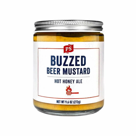 PS Buzzed Beer Mustard jar in hot honey ale flavor, 9.6 oz glass jar.