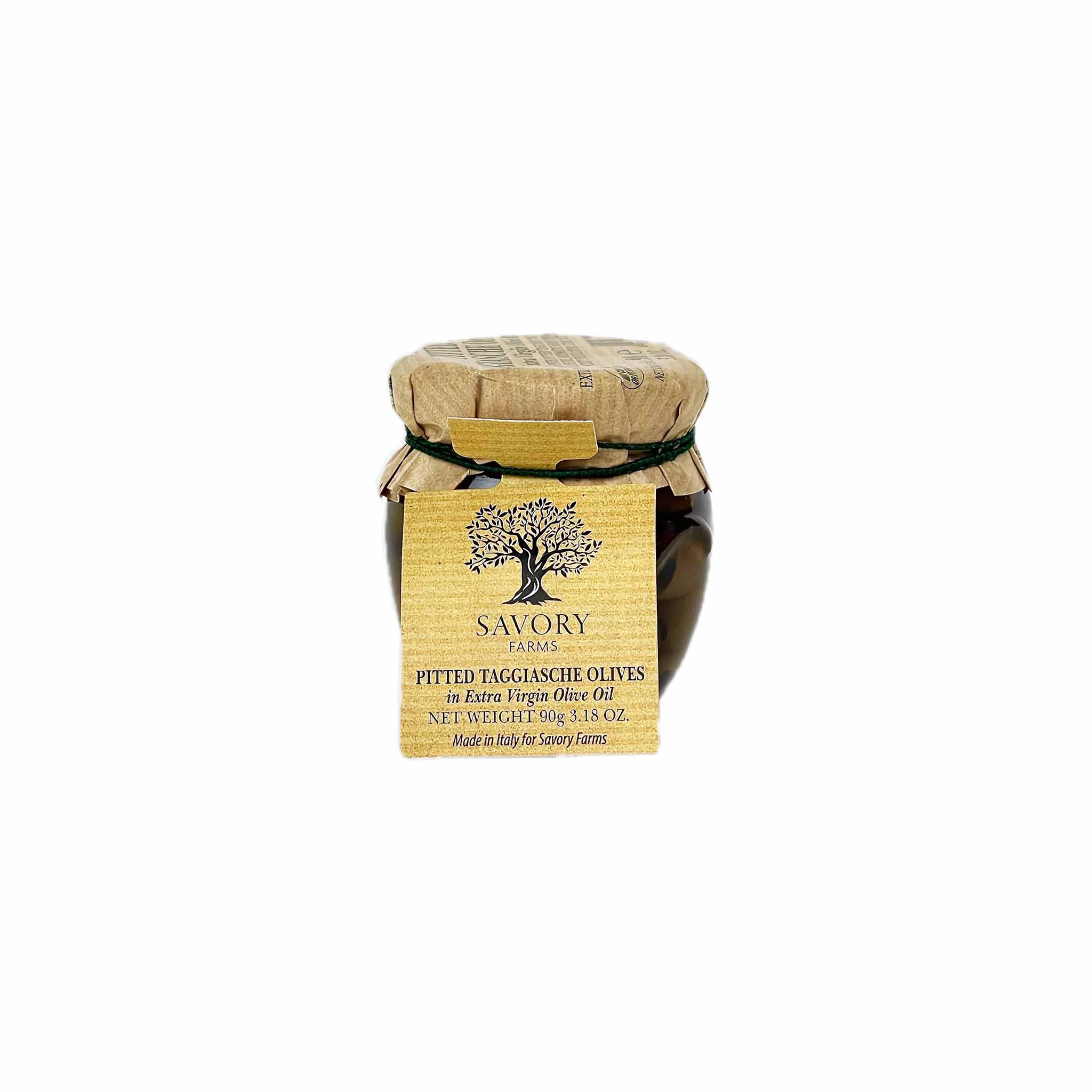 SAVORY FARMS PITTED TAGGIASCHE OLIVES IN EXTRA VIRGIN OLIVE OIL 90g ...