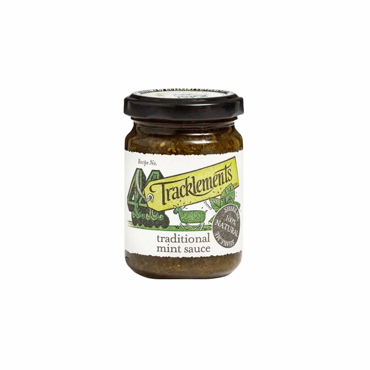 Tracklements traditional mint sauce in a glass jar with black lid and illustrated label.