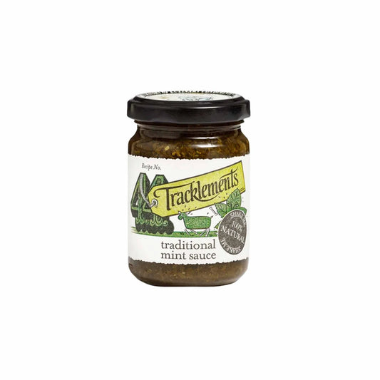 Tracklements traditional mint sauce in a glass jar with black lid and illustrated label.