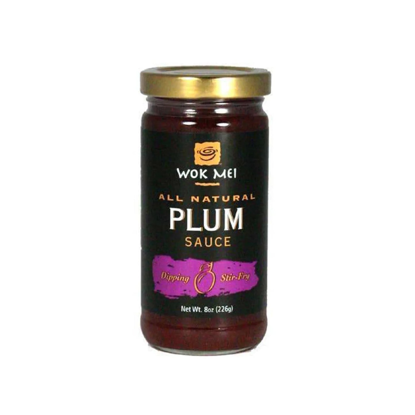 Wok Mei all natural plum sauce in an 8oz glass jar with gold lid.